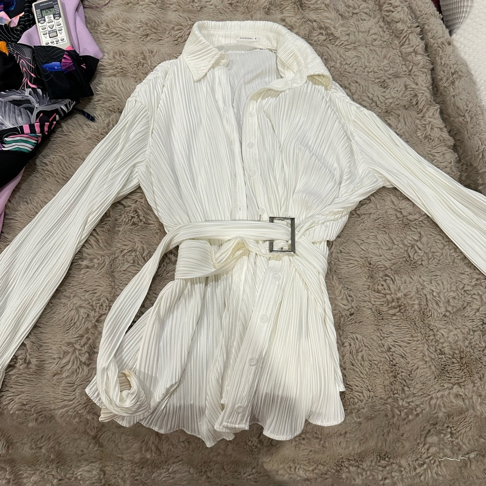 Charcoal White Belted Button-Up Shirt